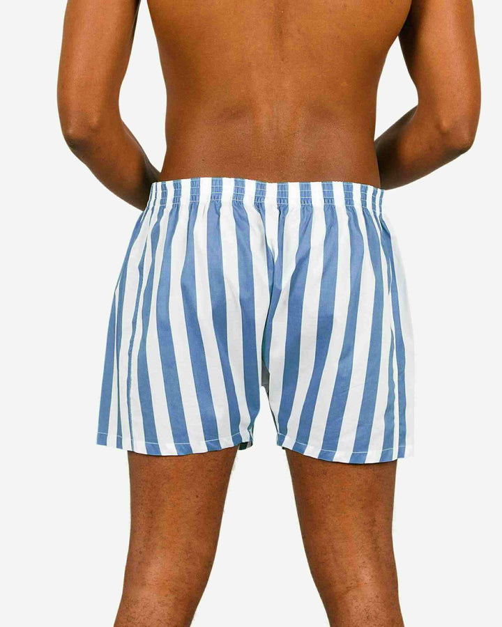 Blue and white striped boxer shorts