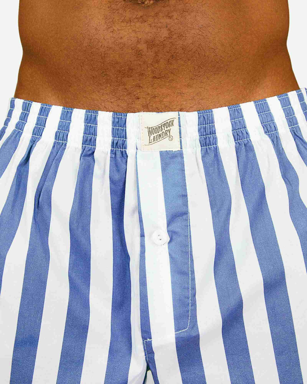 Blue and white striped boxer shorts
