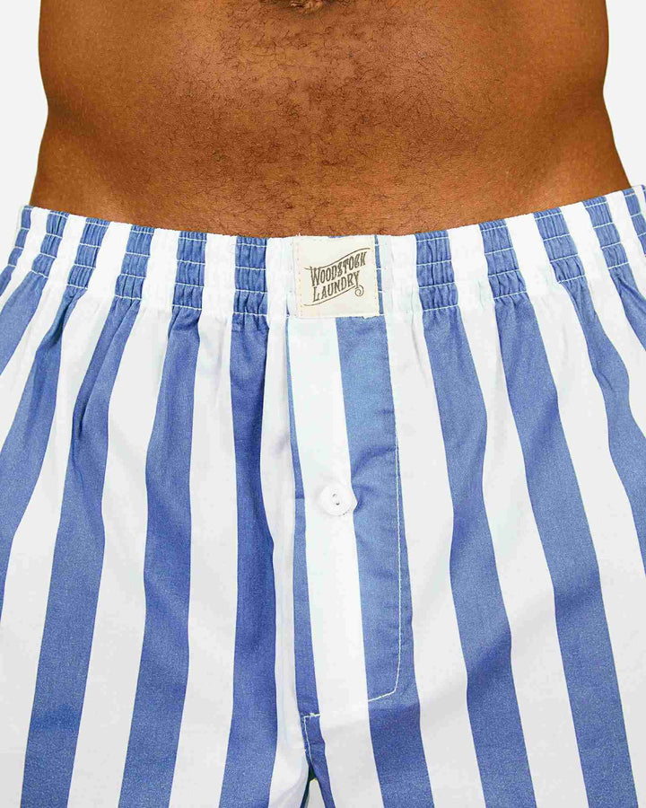 Blue and white striped boxer shorts