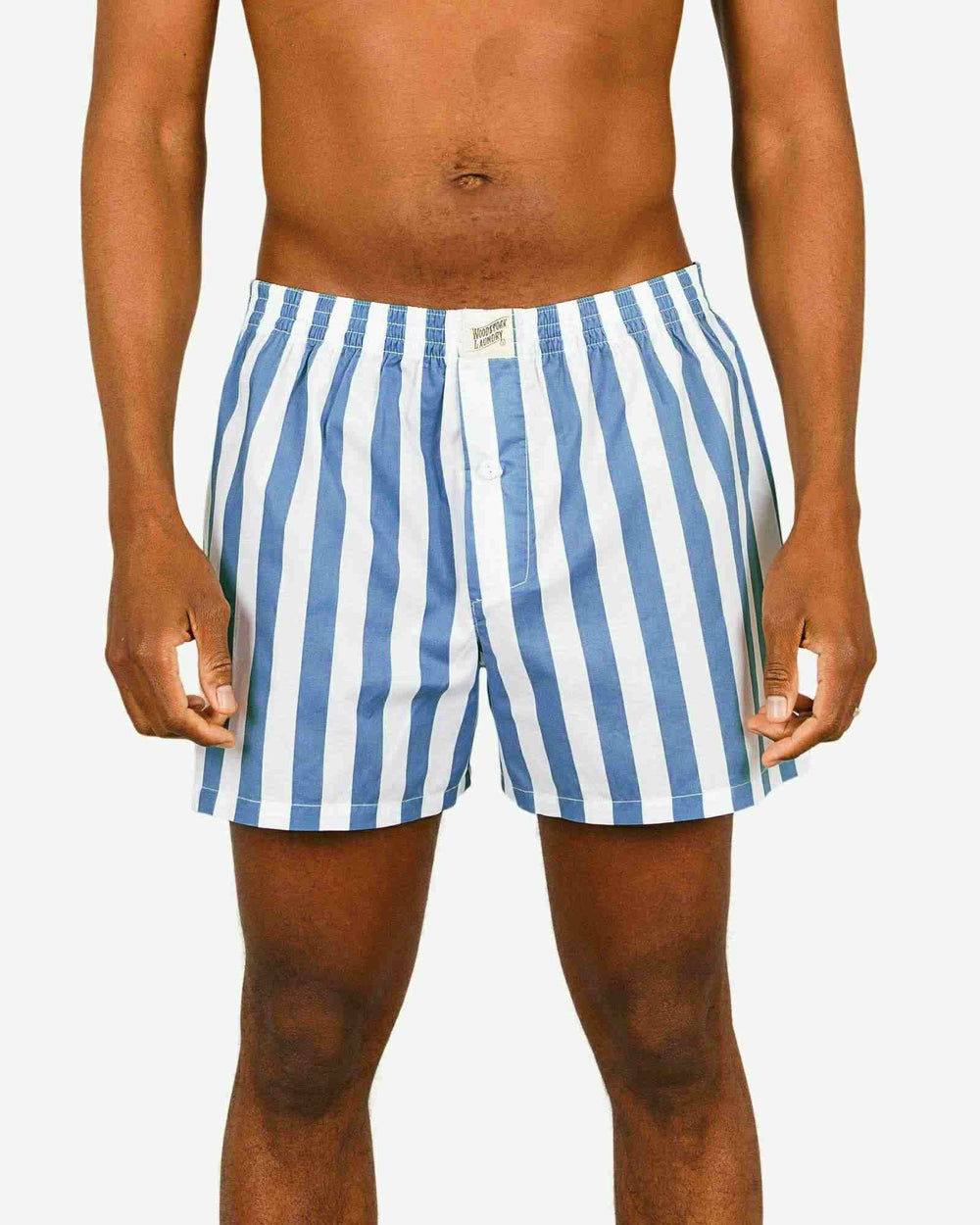 Blue and white striped boxer shorts