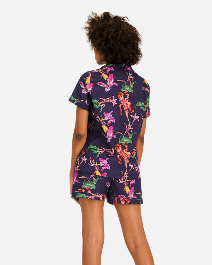 Womens short sleeved pyjamas in navy blue with iris flowers