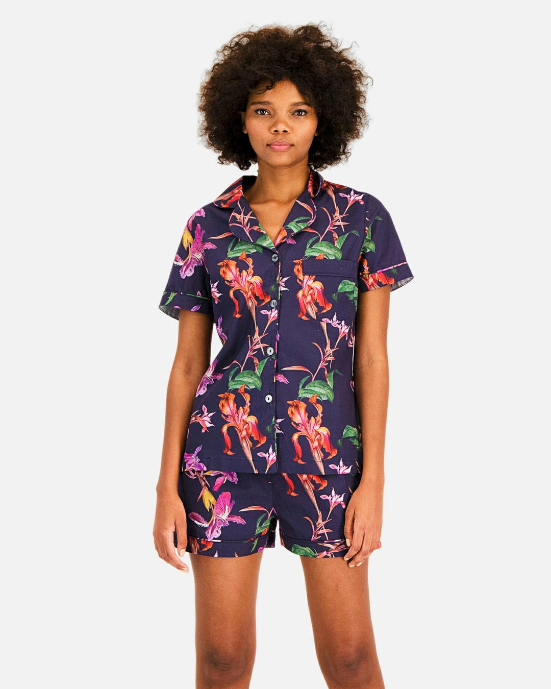 Womens short sleeved pyjamas in navy blue with iris flowers