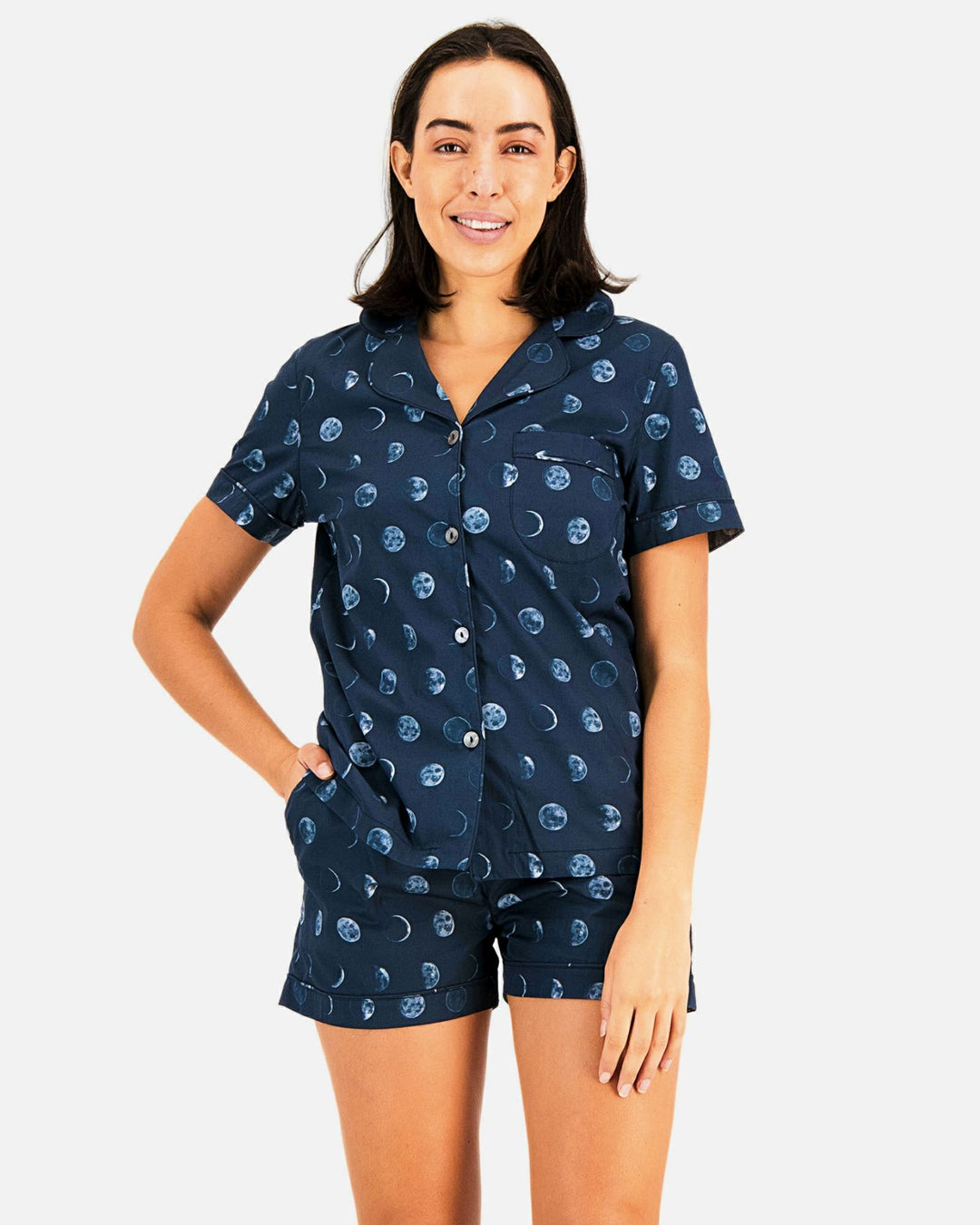 Womens short sleeved pyjamas in blue with moon phases