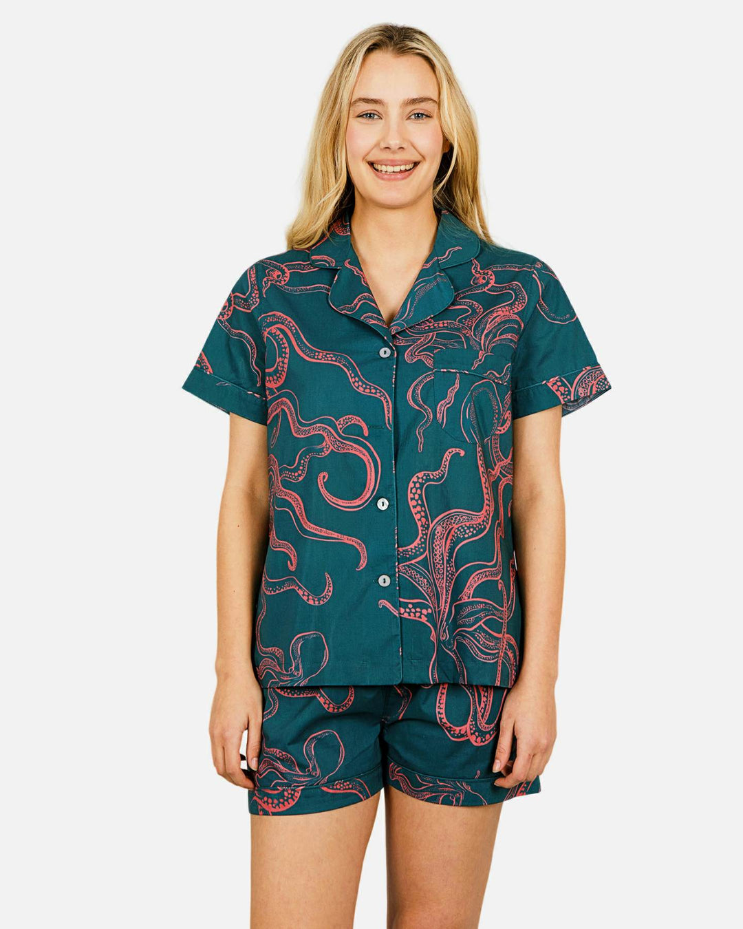 Womens short sleeved turquoise pyjamas with pink octopuses