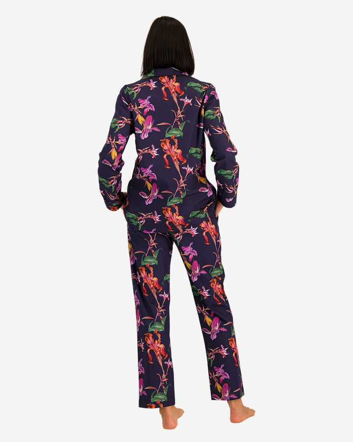 Womens cotton pyjamas set - Navy blue vintage iris flowers
