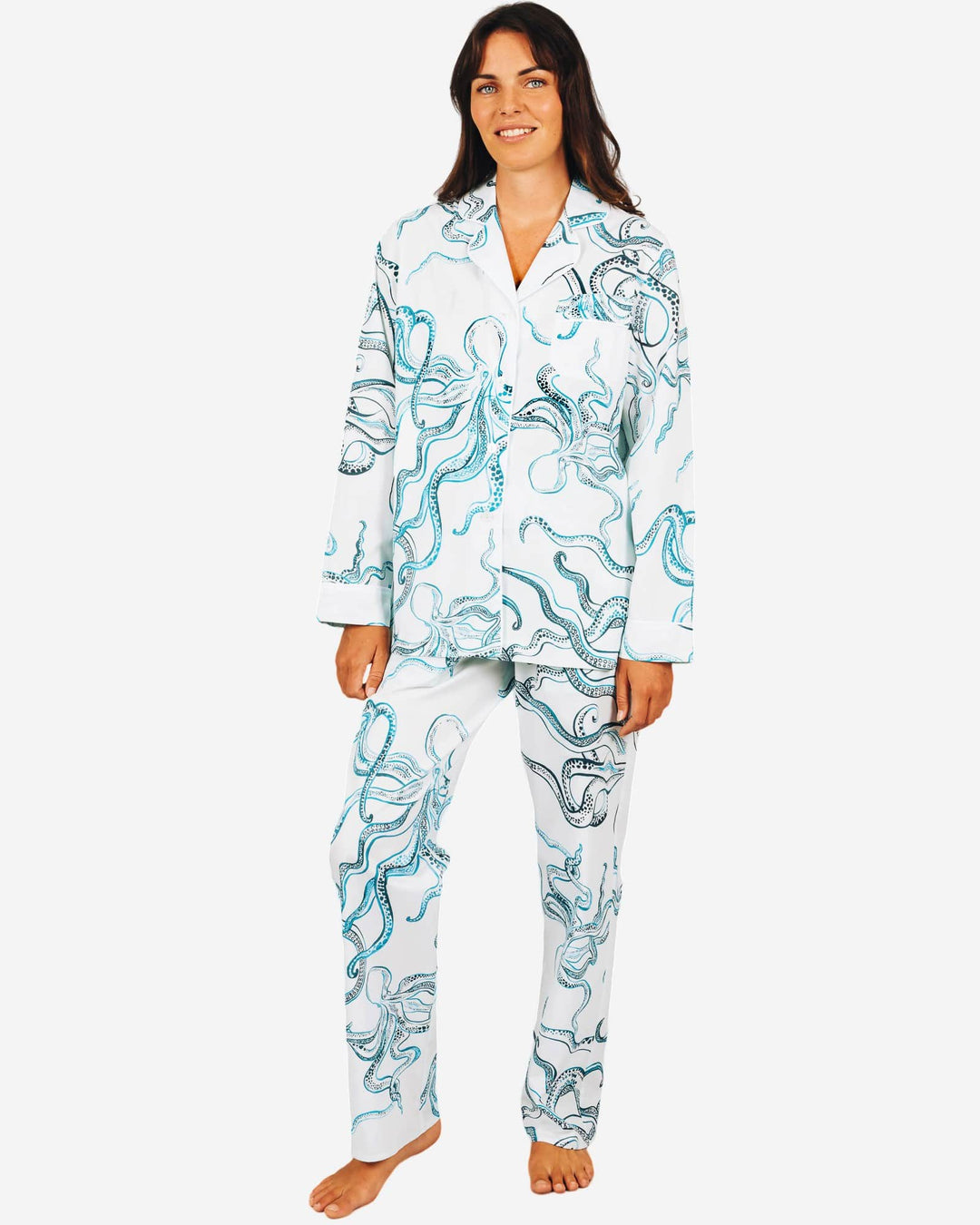 Womens cotton pyjamas set - Indigo octopuses on white