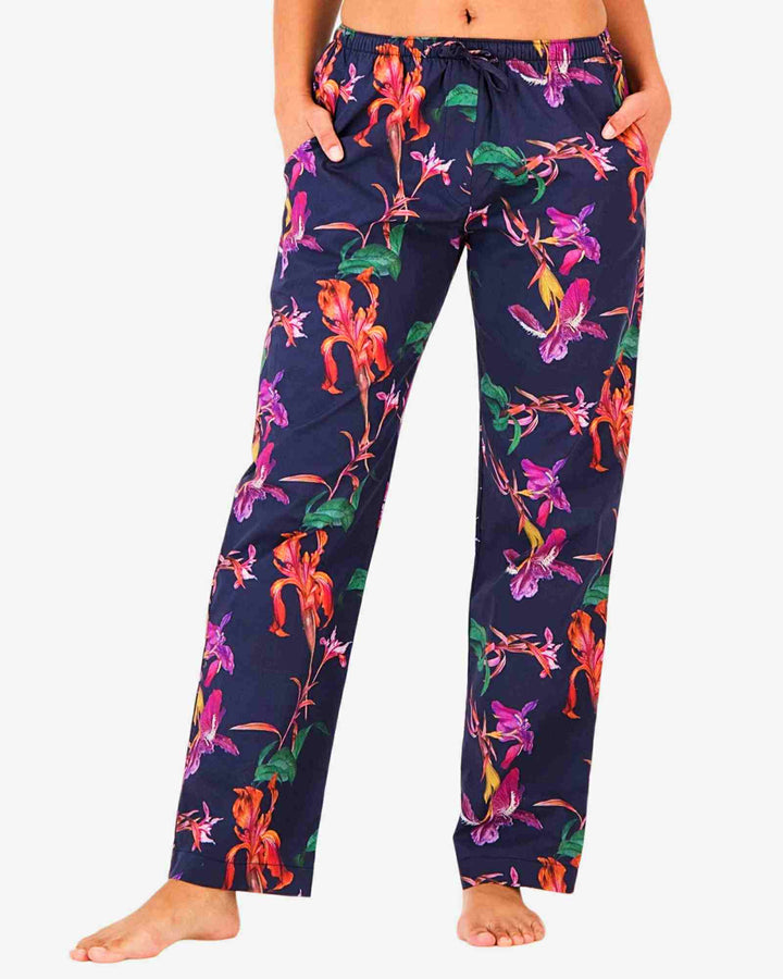 Womens cotton pyjamas pants - Navy blue vintage iris flowers