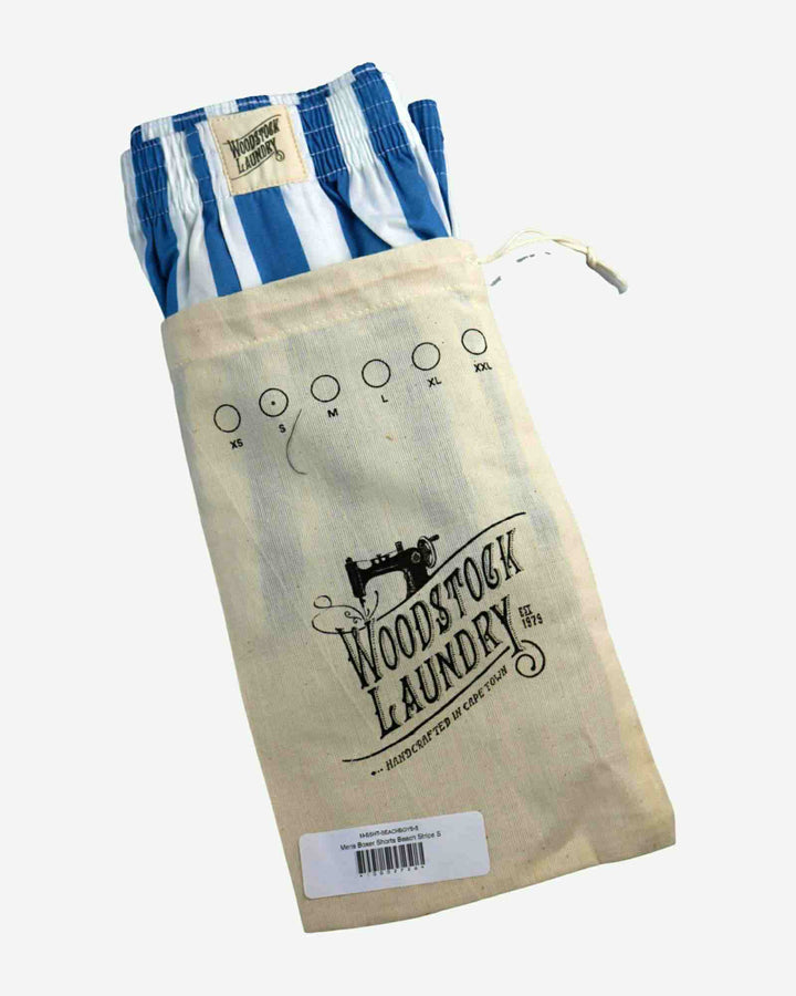 Blue and white striped boxer shorts