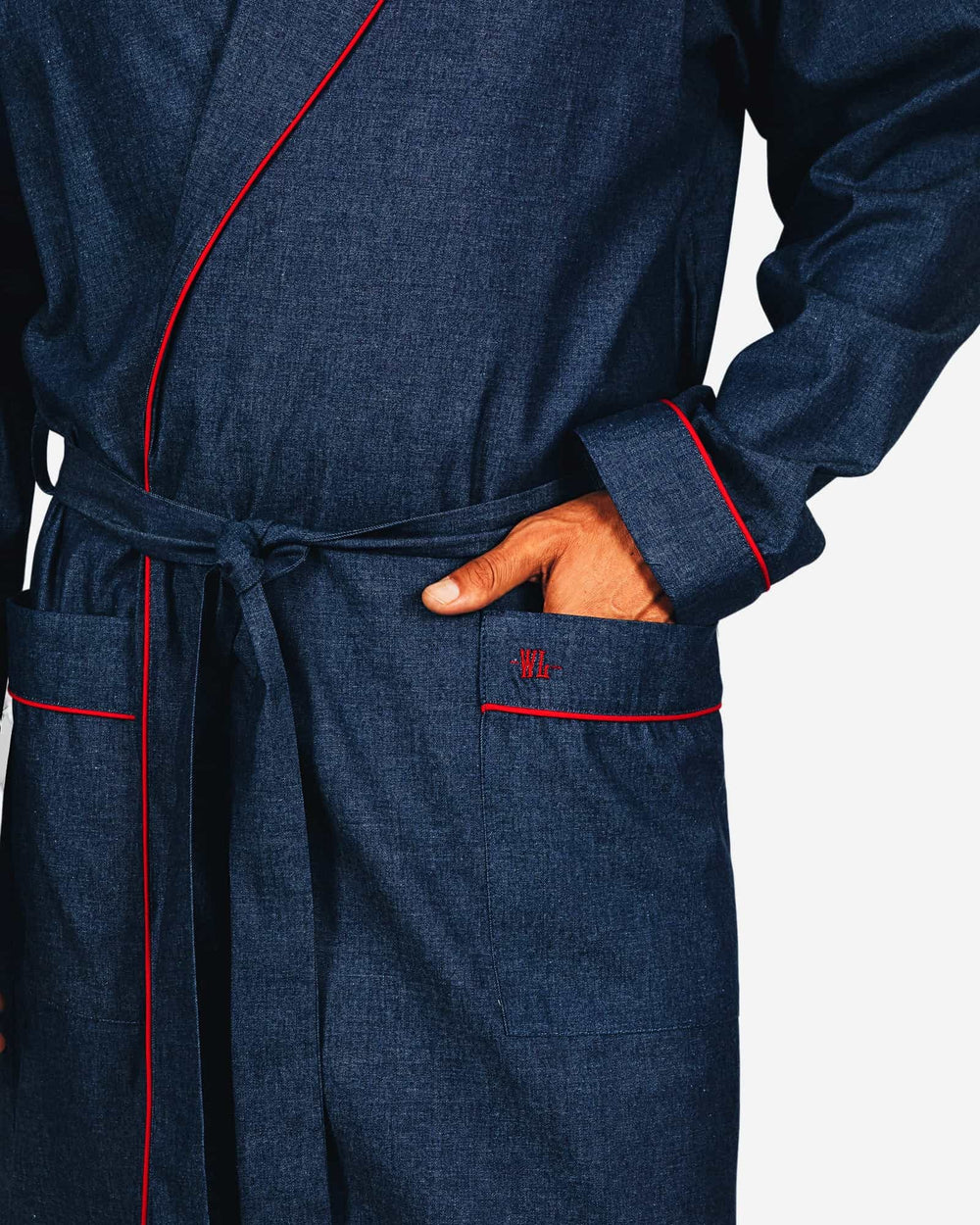 Mens blue dressing gown in denim