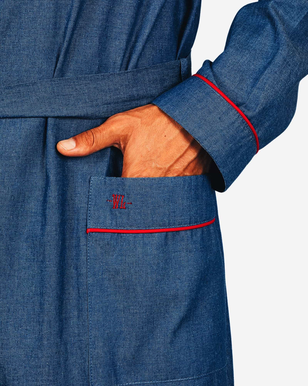 Mens mid blue dressing gown in denim