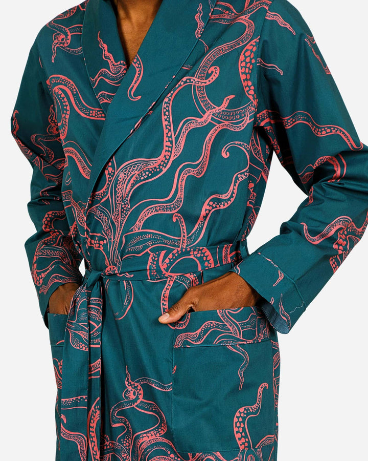 Mens green dressing gown with pink octopuses