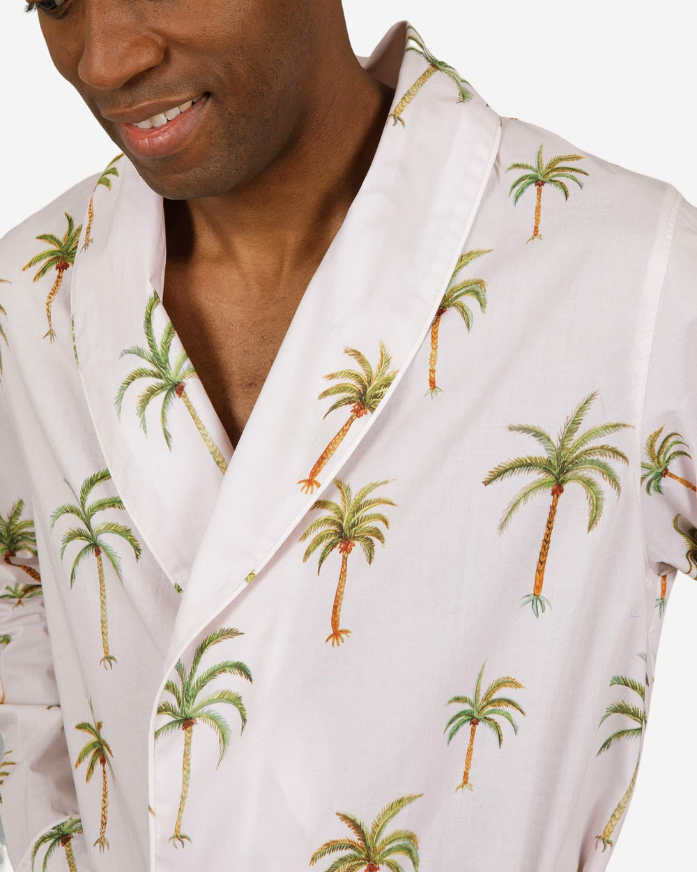 Mens cream dressing gown with palm trees