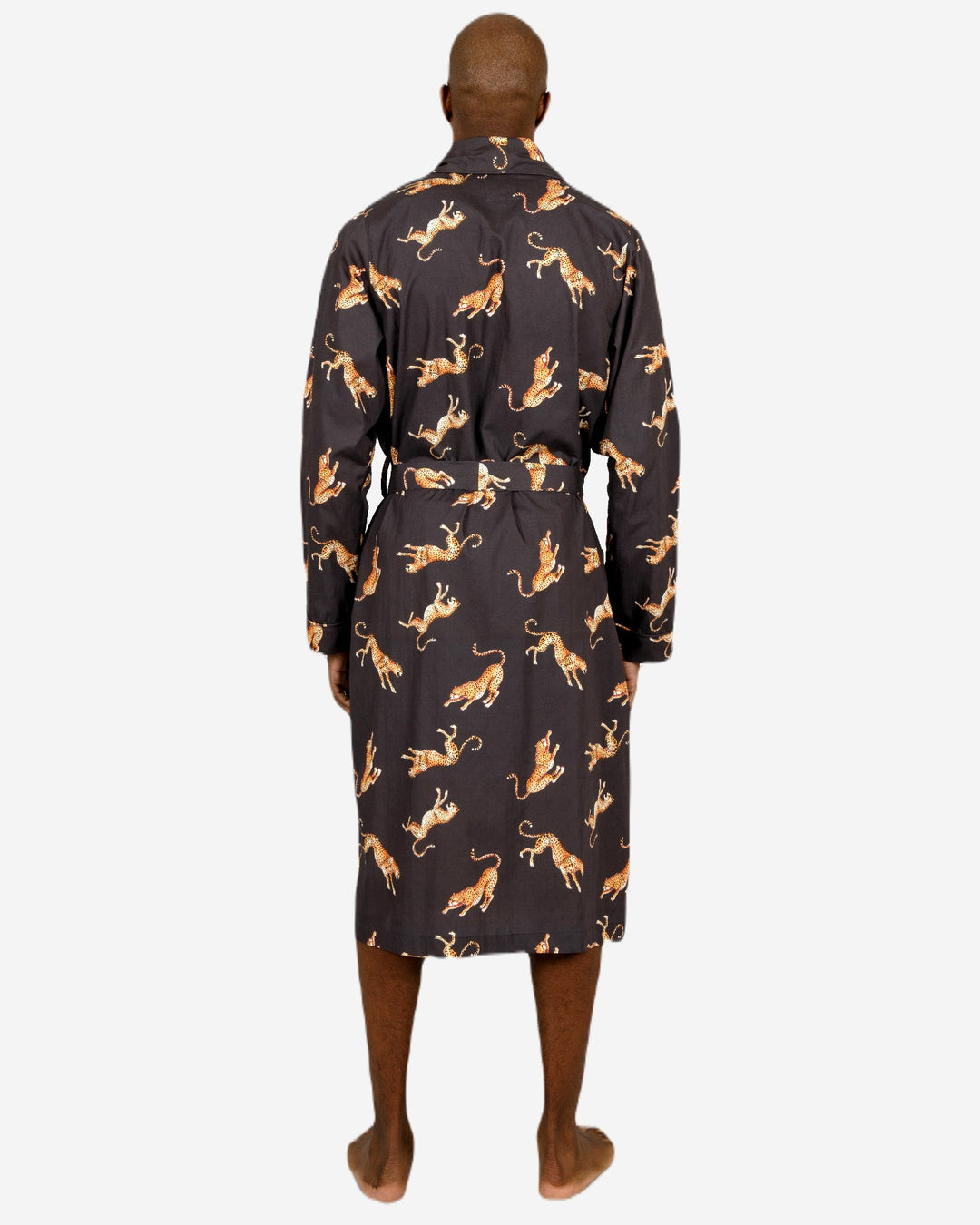 Mens black dressing gown -jumping cheetah