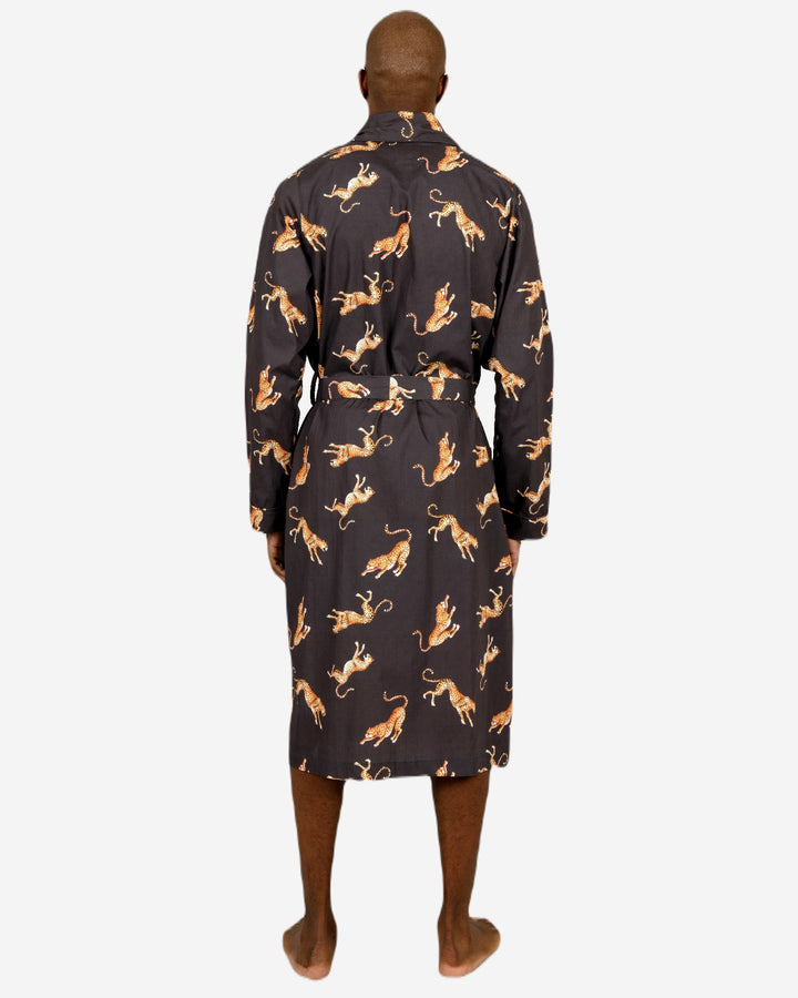 Mens black dressing gown -jumping cheetah