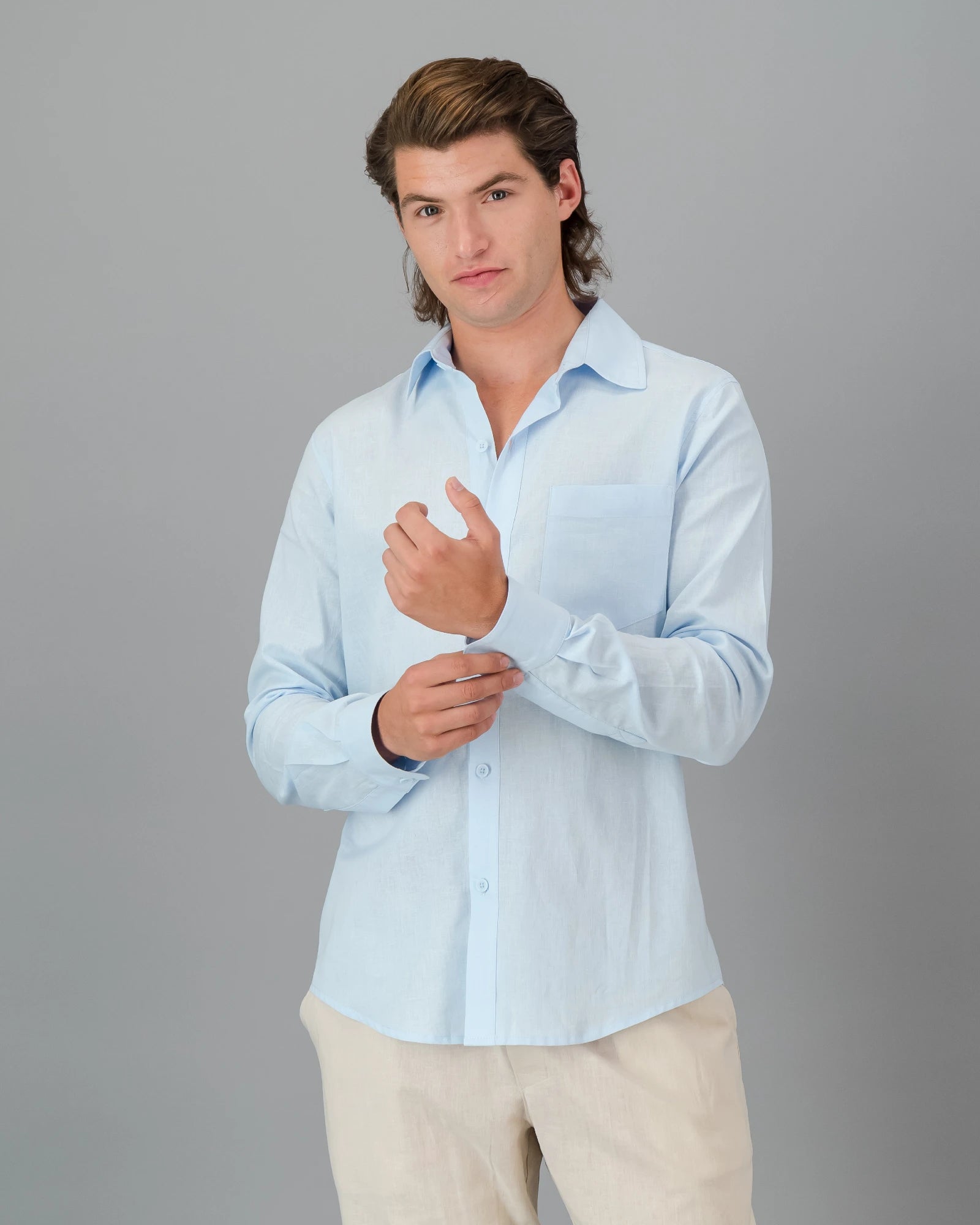 Men's Light Blue Linen Shirt - Long Sleeve | Woodstock Laundry AD Men's Light Blue Linen Shirt - Long Sleeve | Woodstock Laundry AD