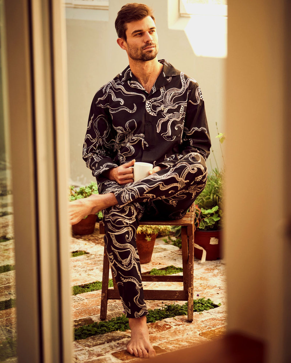 Men's long pyjamas set - Octopus Black