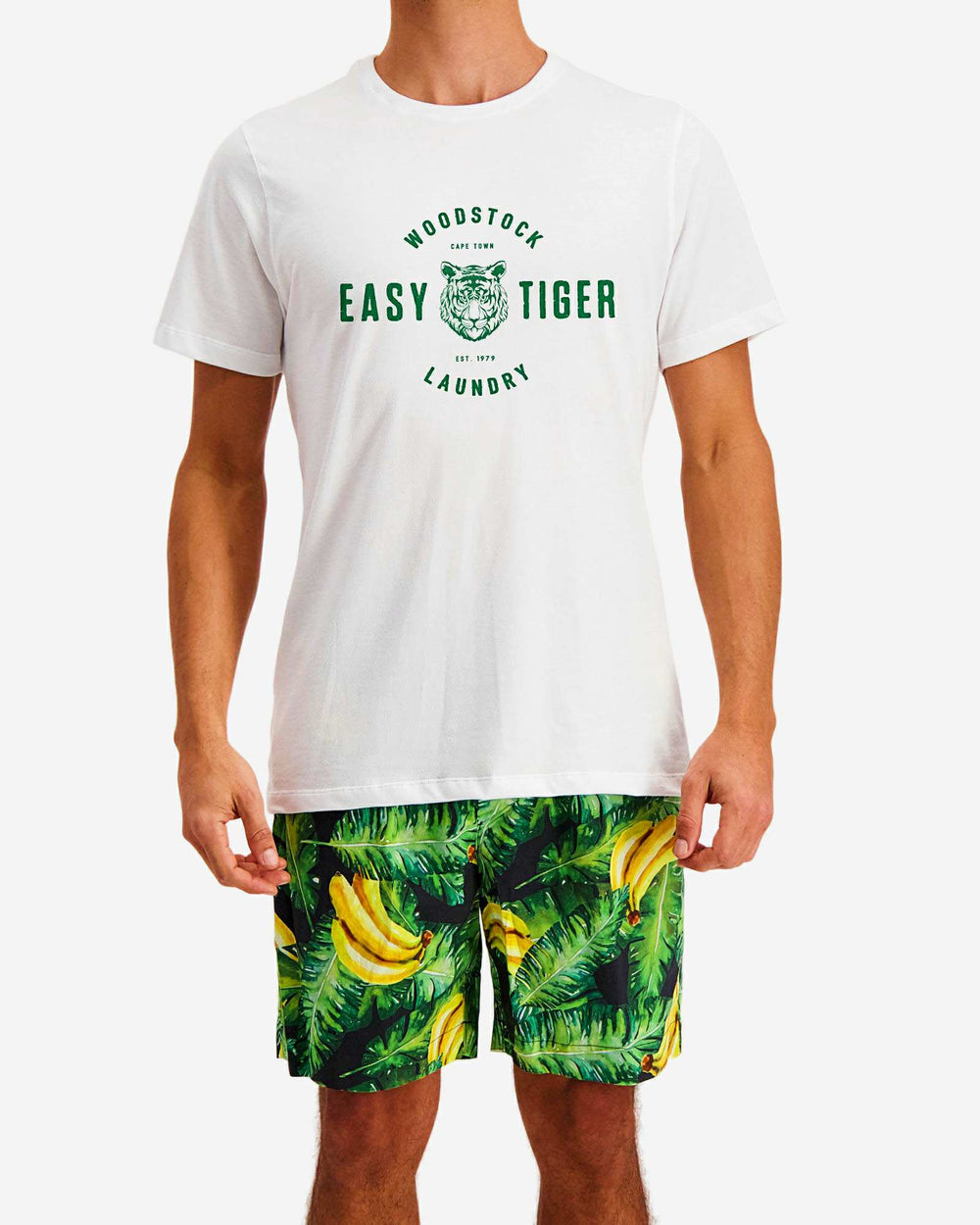 Mens lounge shorts with a bananas on leaves pattern