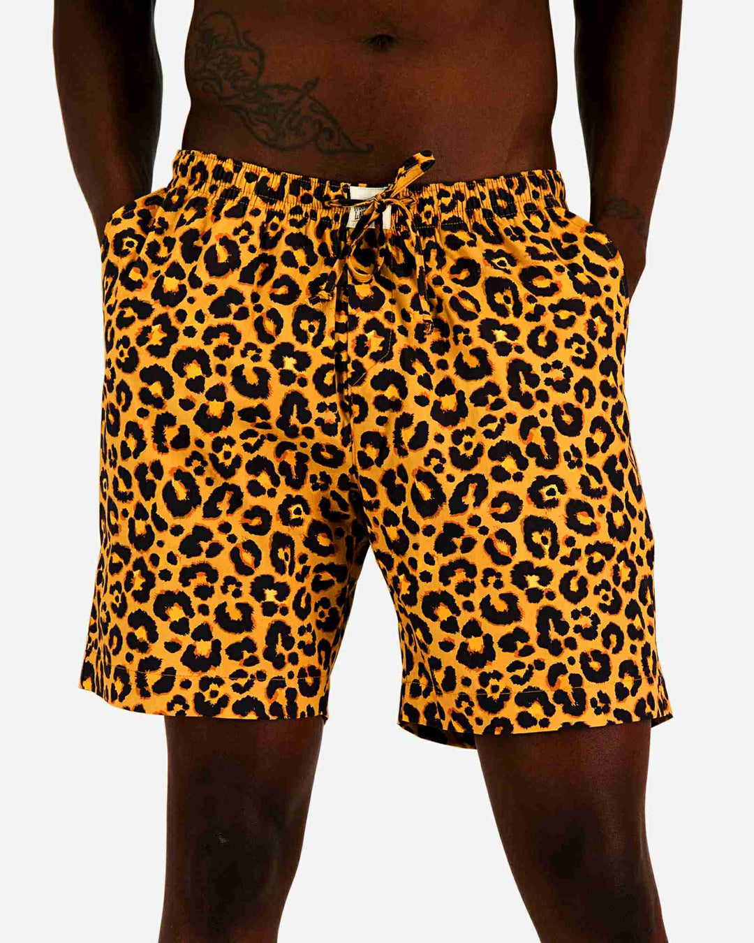 Mens lounge shorts with a leopard skin pattern