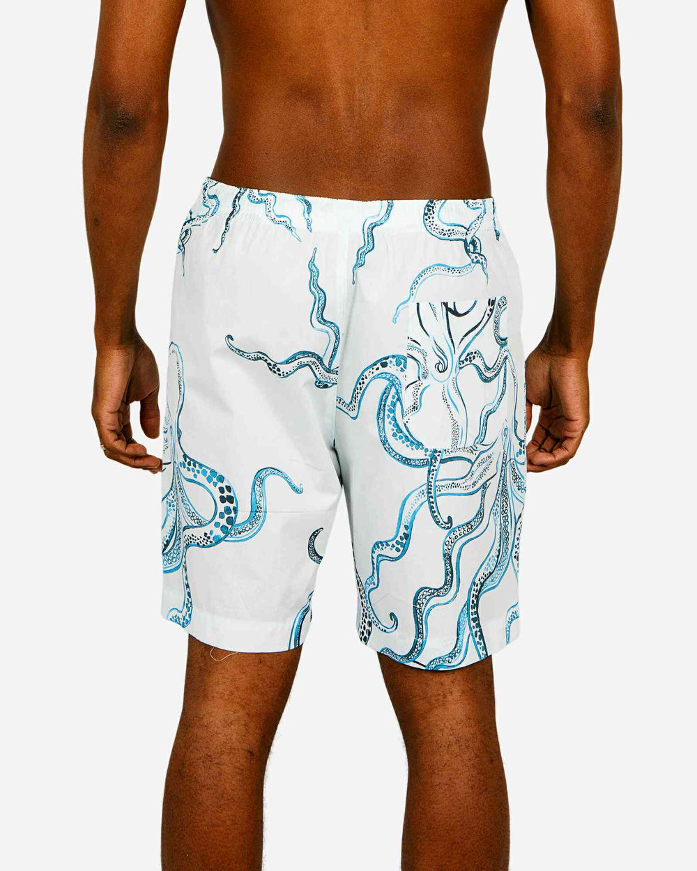 Mens lounge shorts with indogo octopuses on a white background