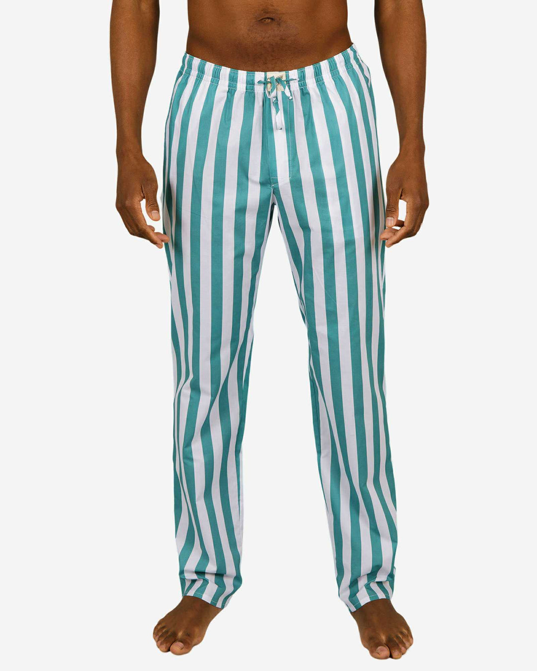 Mens pyjama bottoms - white and green stripes