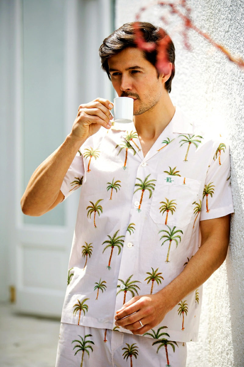 Mens cream colored luxury pyjamas with palm trees