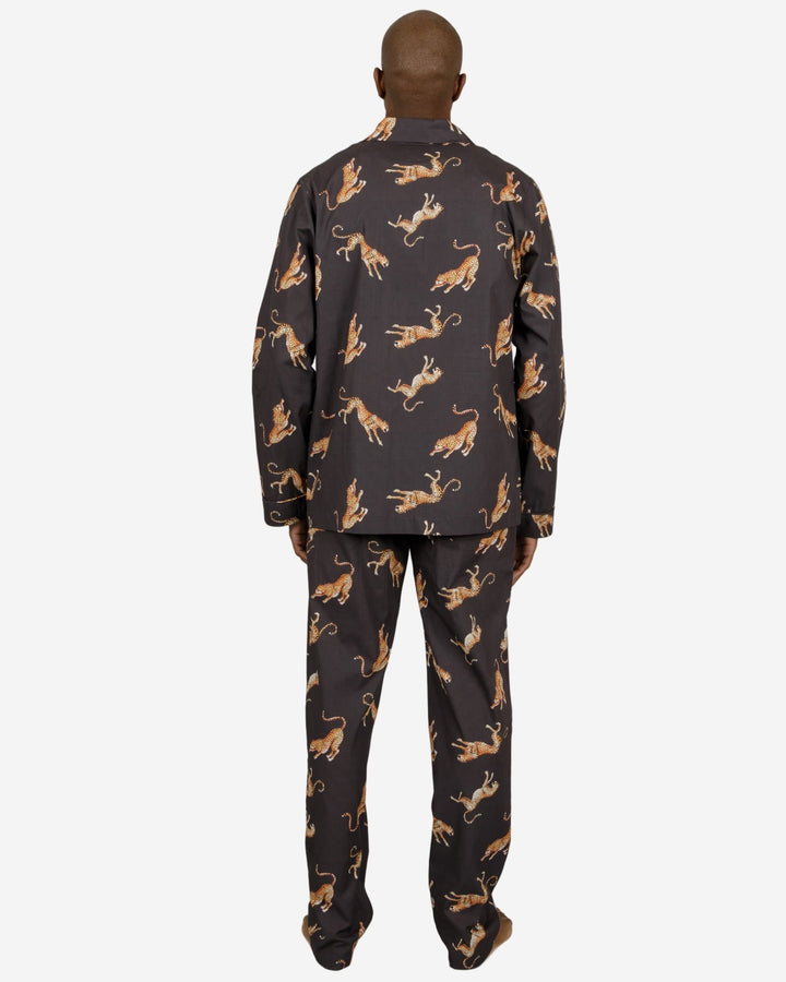 Mens black pyjamas set with jumping cheetahs