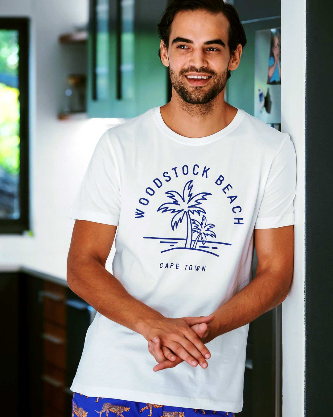 Mens white t-shirt with Woodstock Beach print