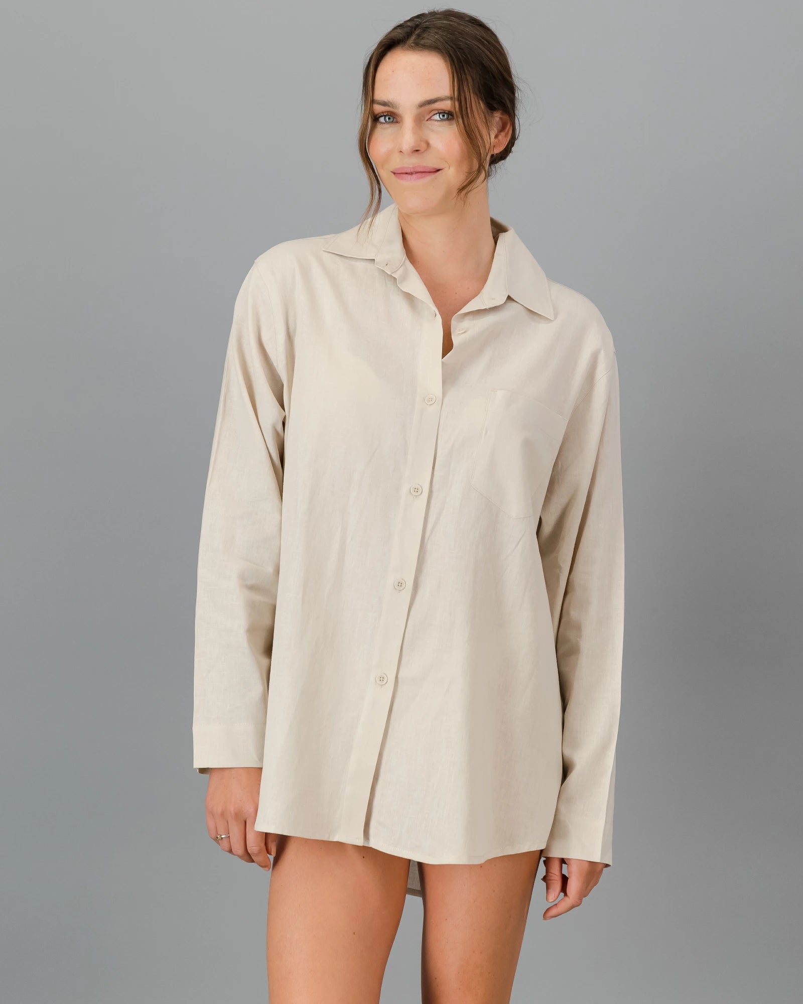 princess polly baby blue dress Women's cream checked overshirt in silk and linen blend