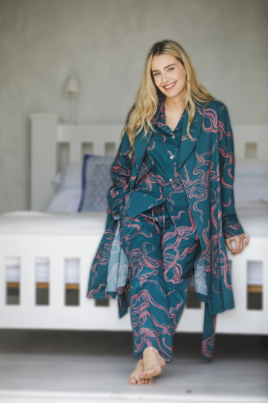 Women's turquoise dressing gowns with pink octopuses