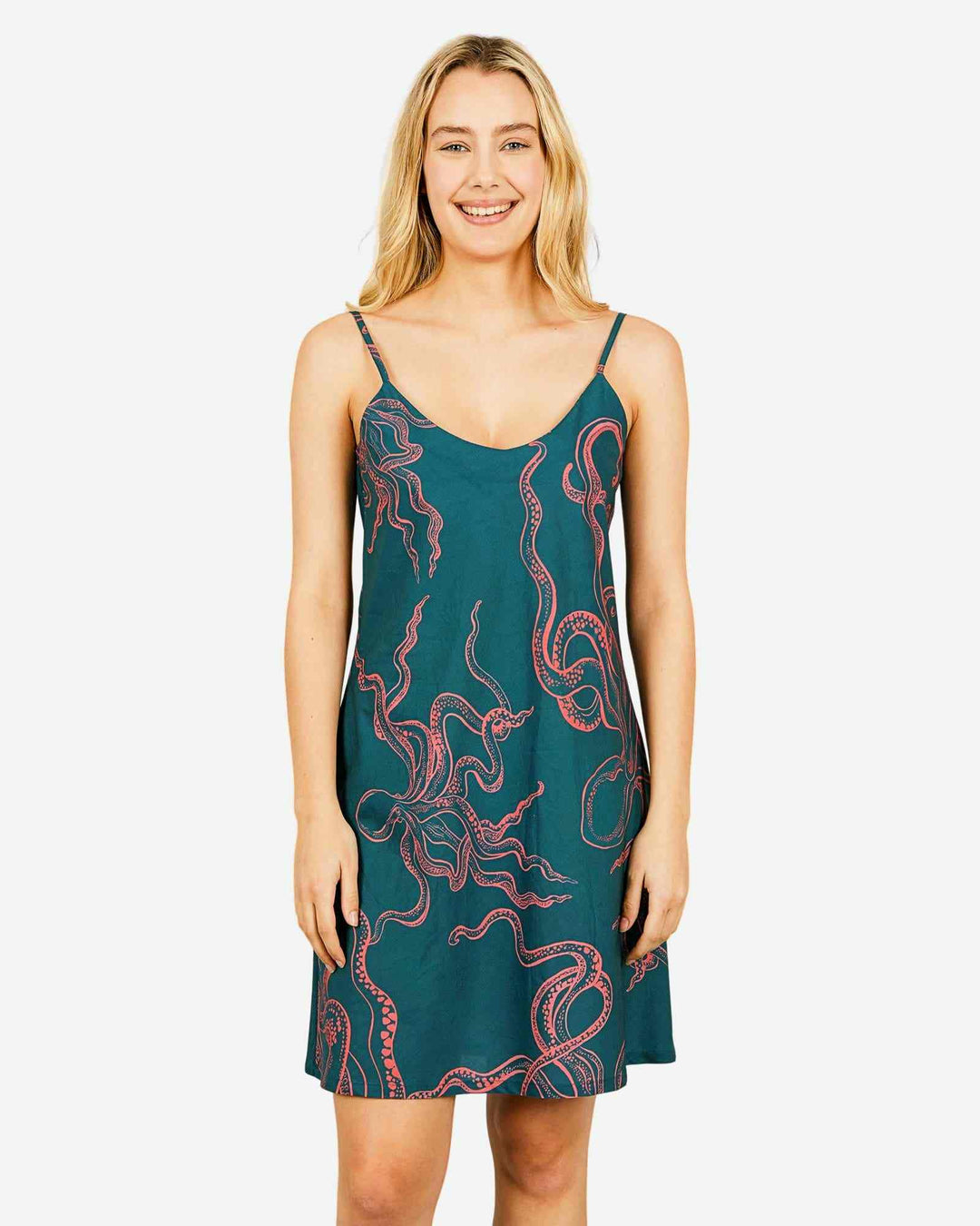 Womens sexy cotton nighty - Octopus pink on turquoise background