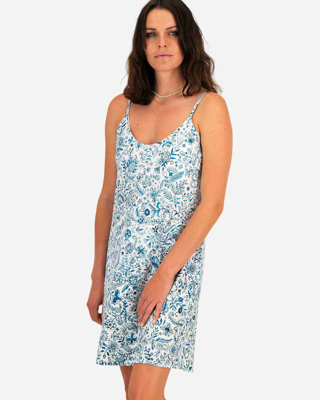 Womens sexy cotton nighty - Blue Chandler pattern on white