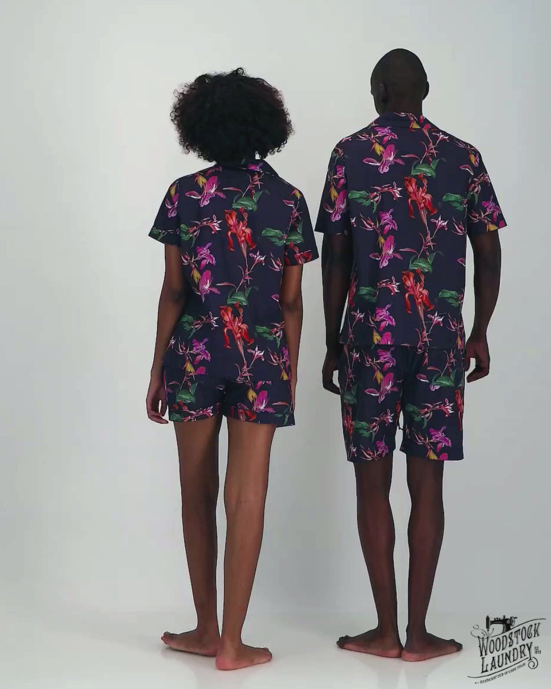 Womens short sleeved pyjamas in navy blue with iris flowers