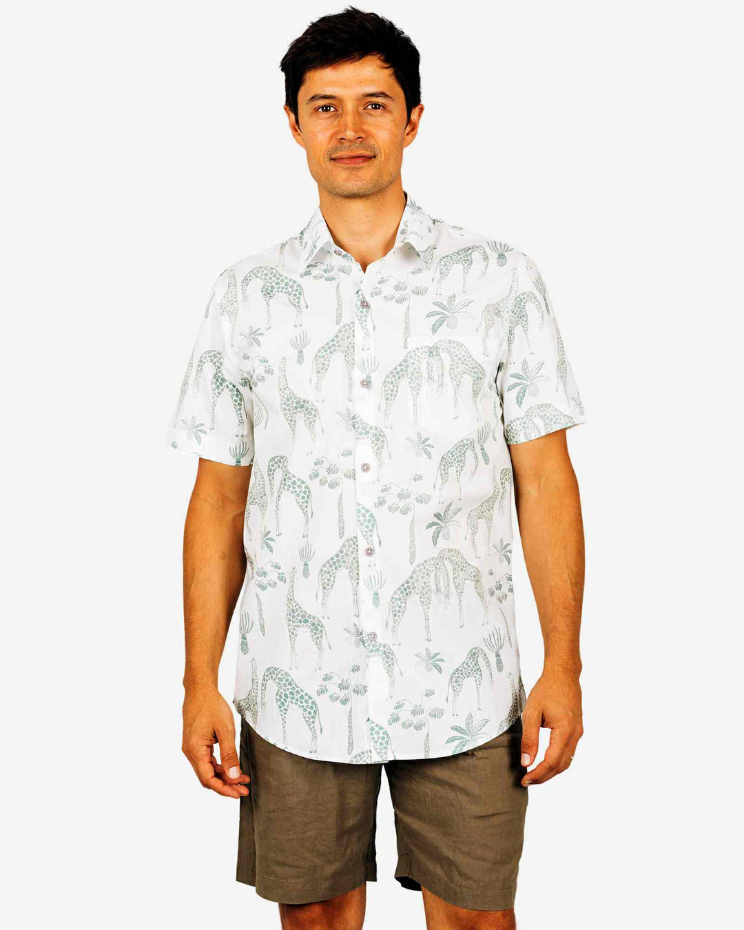 Mens white holiday shirt with green giraffes