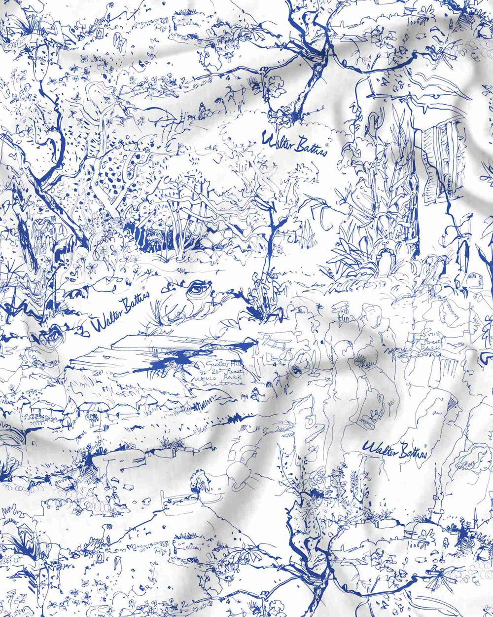 Women's sexy cotton nighty - Blue Battiss Willow pattern on white