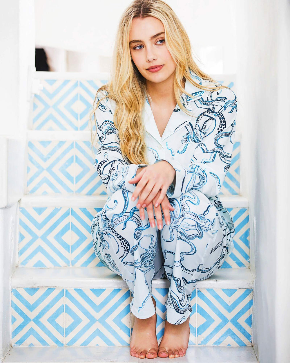 Womens cotton pyjamas set - Indigo octopuses on white