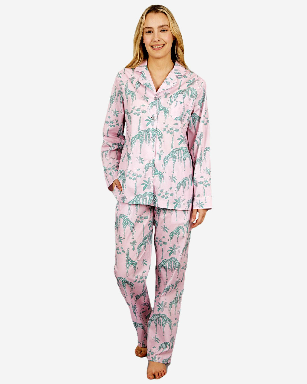 Womens long pyjamas - giraffes pink