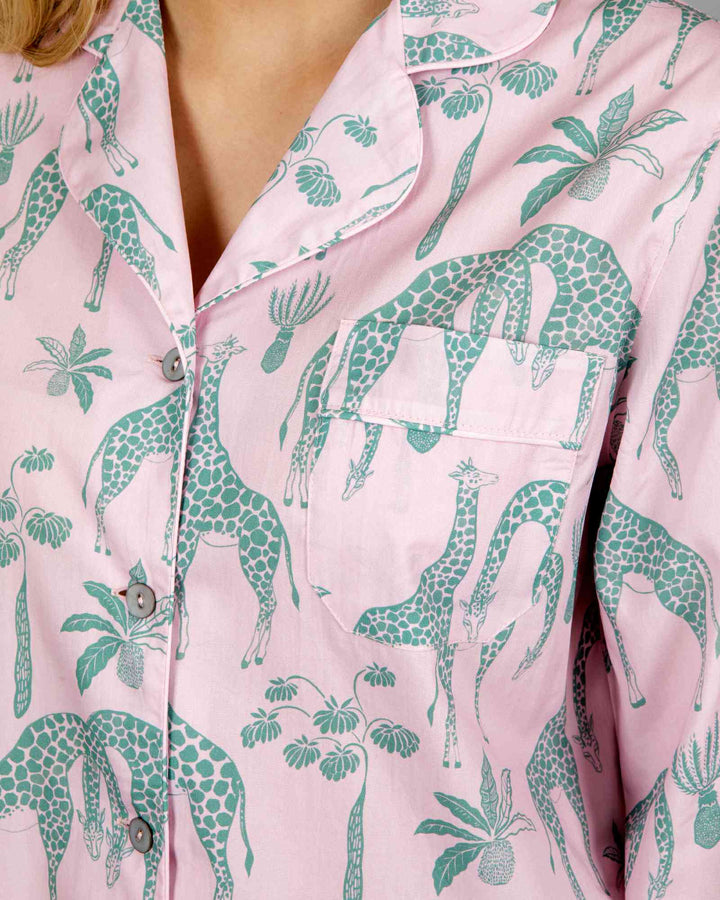 Womens long pyjamas - giraffes pink