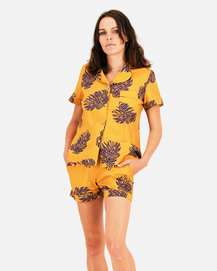 Womens short sleeved pyjamas in yellow with monster leaves
