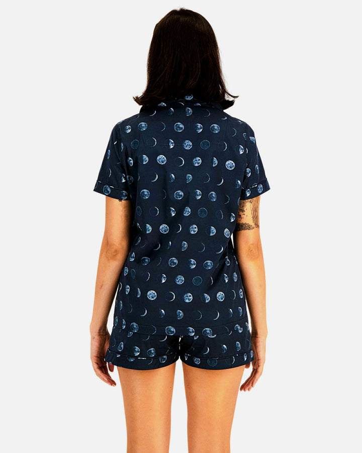 Womens short sleeved pyjamas in blue with moon phases