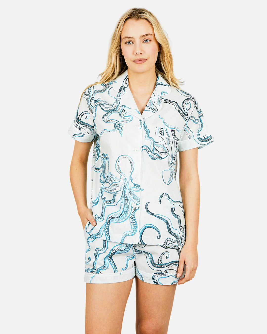 Womens short sleeved white pyjamas with indigo octopuses