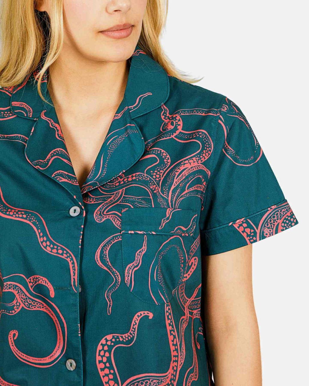 Womens short sleeved turquoise pyjamas with pink octopuses