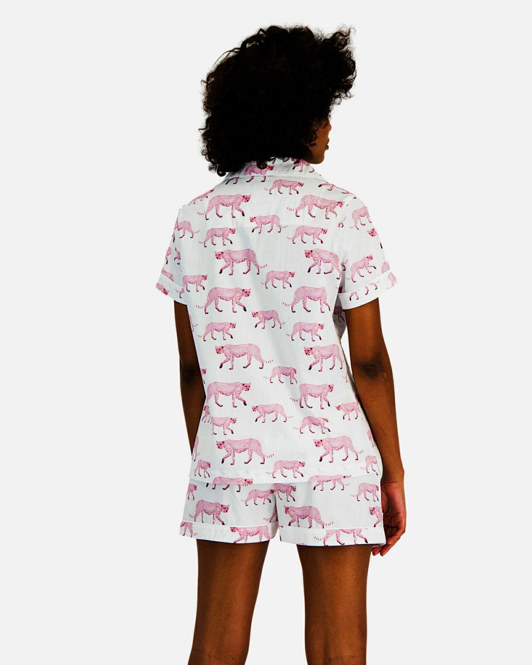 Womens short sleeved white pyjamas with pink cheetahs