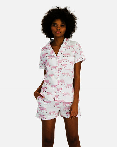 Womens short sleeved white pyjamas with pink cheetahs