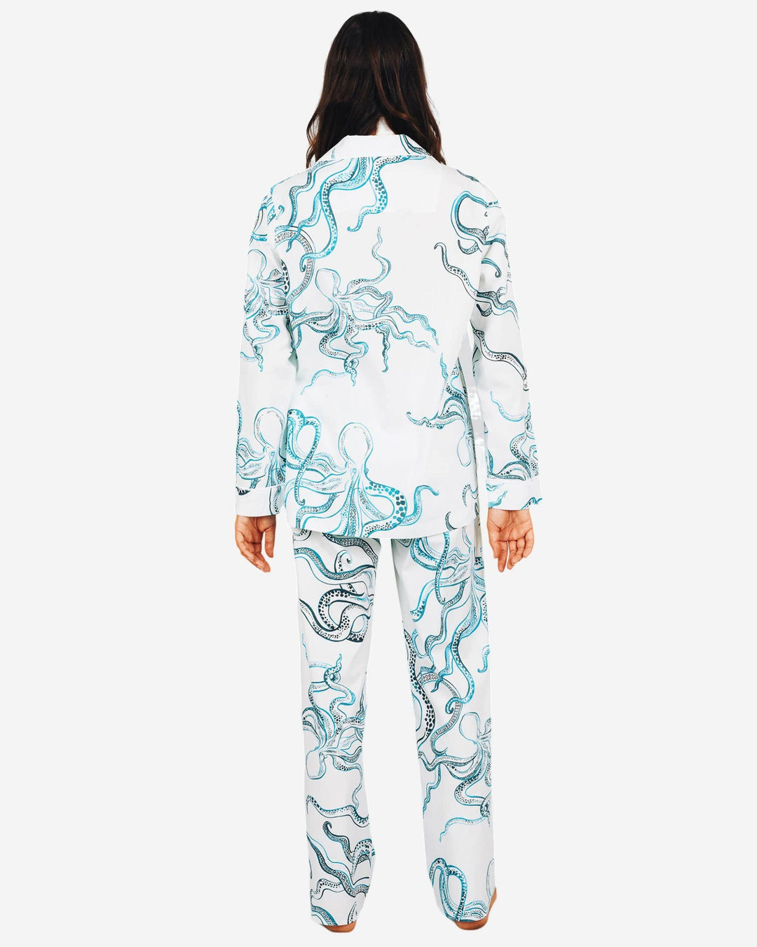 Womens cotton pyjamas set - Indigo octopuses on white