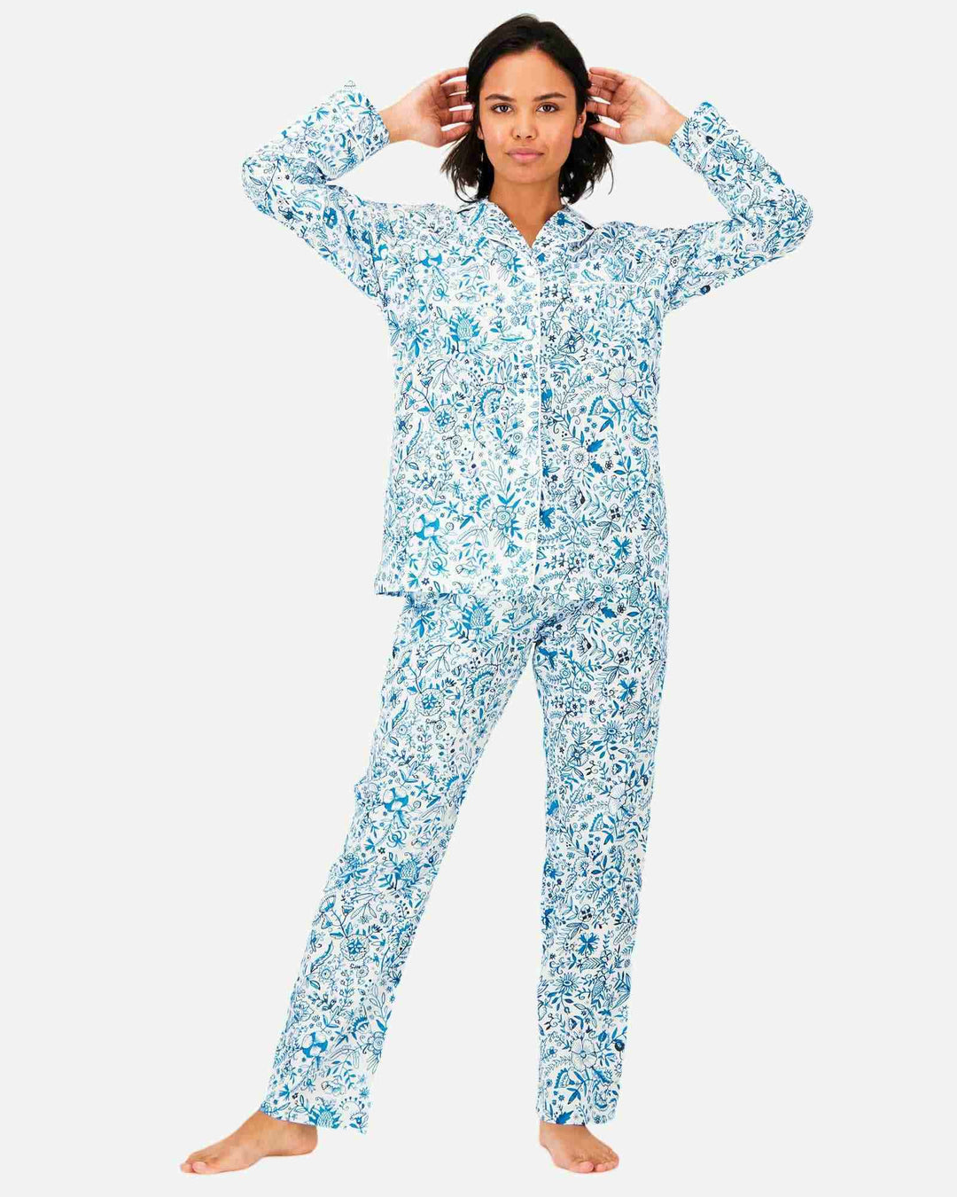 Womens cotton pyjamas set - white blue Chandler pattern