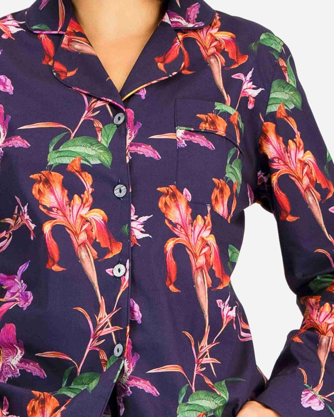 Womens cotton pyjamas shirt - Navy blue vintage iris flowers
