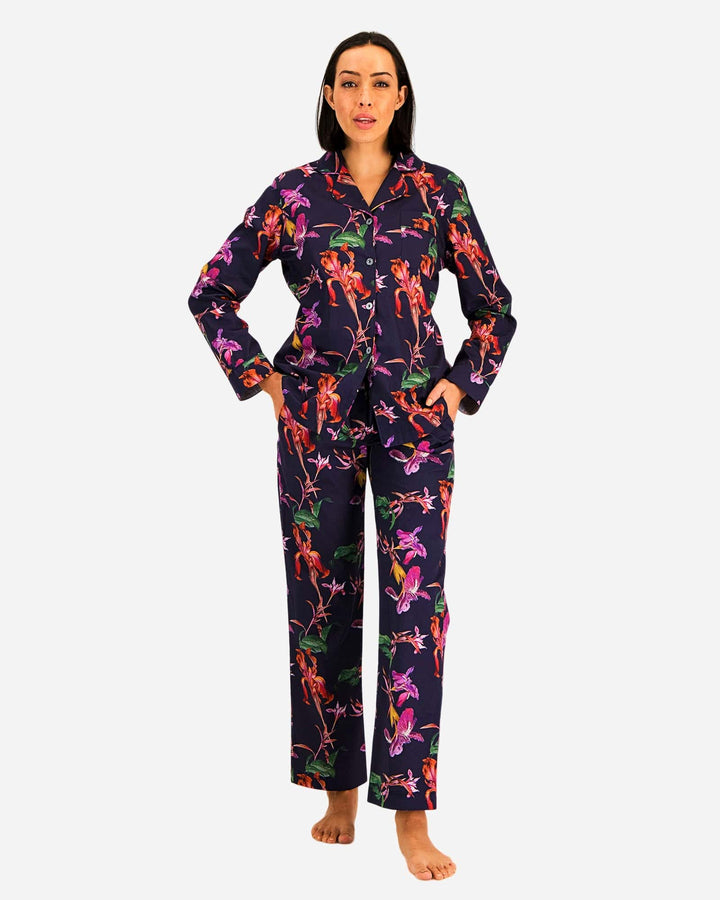 Womens cotton pyjamas set - Navy blue vintage iris flowers