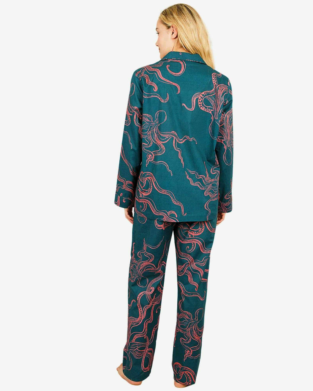 Womens cotton pyjamas set - Pink octopuses on turquoise