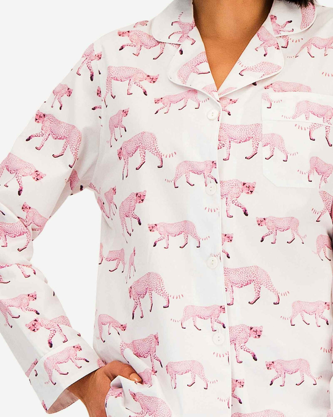 Womens cotton pyjamas shirt - Pink cheetah on white