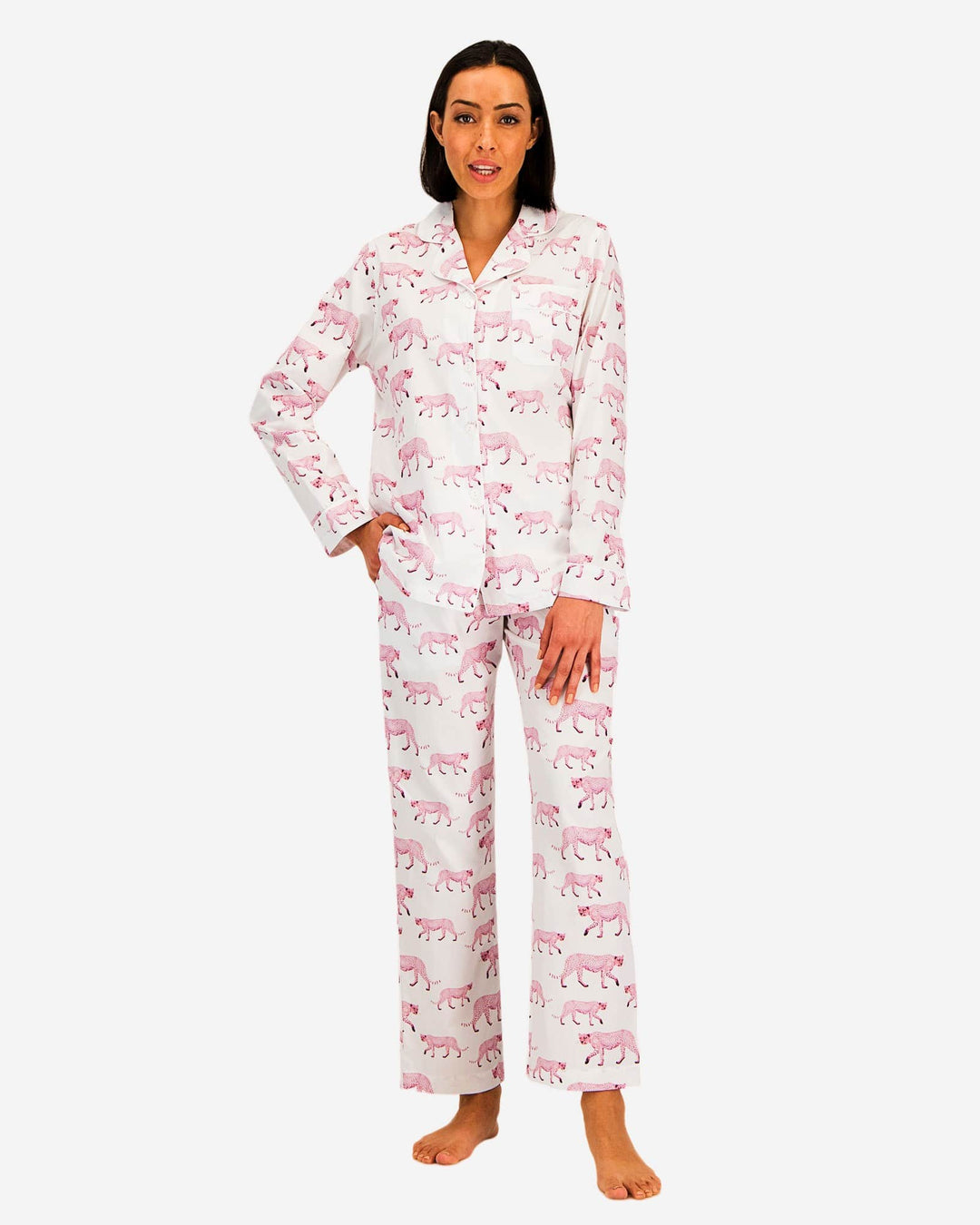 Womens cotton pyjamas set - Pink cheetah on white